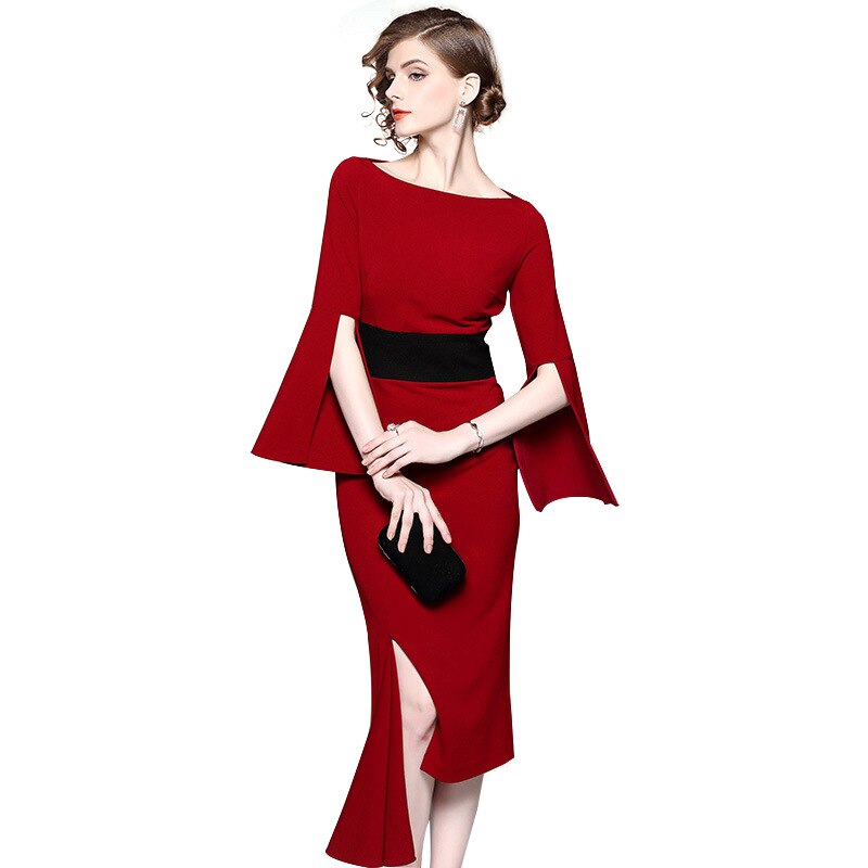 New irregular waist-tightening dress, red medium-length dress and dress for banquet dress in 2019