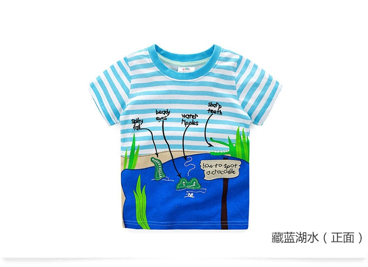 2023 Summer 2-10T Children&#39;S Birthday Clothing Dinosaur Car Striped Print Short Sleeve Basic Tops Cartoon T-Shirt For Kids Boy