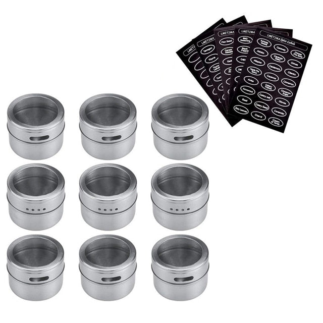 LMETJMA Magnetic Spice Jar Set With Stickers Stainless Steel Spice Tins Spice Storage Container Pepper Seasoning Sprays Tools