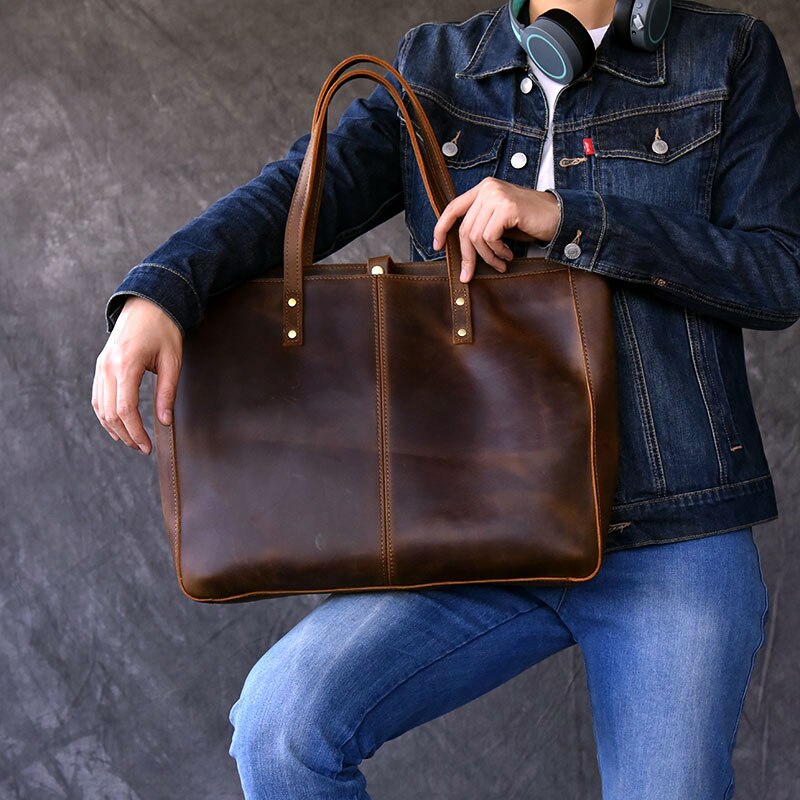 5 days arrival, Brand Full Grain Leather Tote Handbag Large Capacity Leather Vintage Top-Handle Shoulder Bag