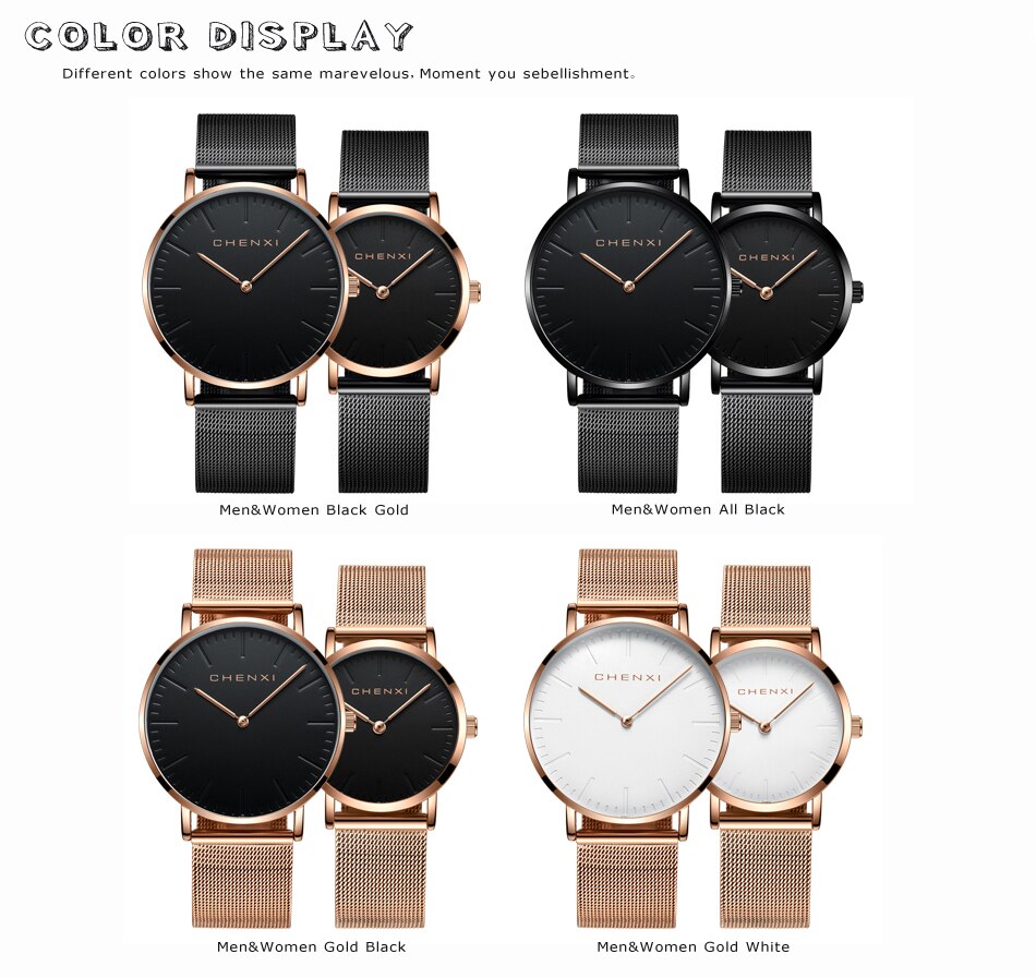 CHENXI Brand Fashion Lovers Wristwatches Women Dress Watches Women Quartz-Watch Men Casual Mesh Strap Ultra Thin Clock Watches