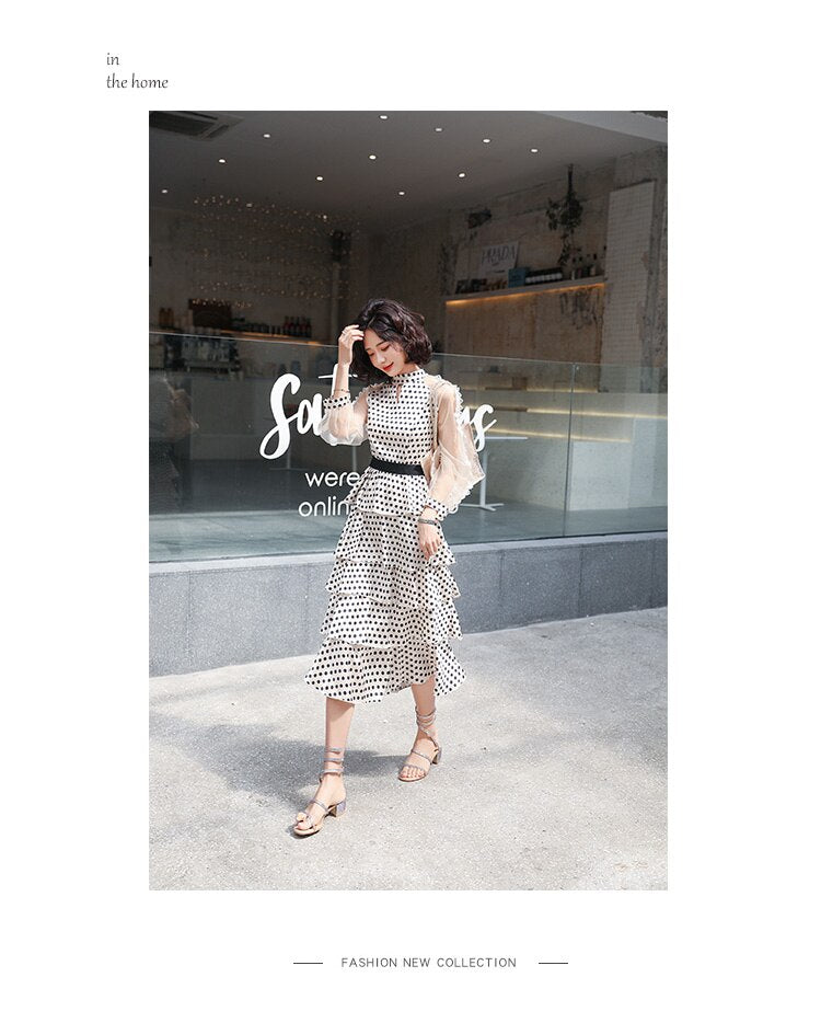 Fashion new chiffon dress transparent long-sleeved polka dot dress ladies elegant temperament long dress