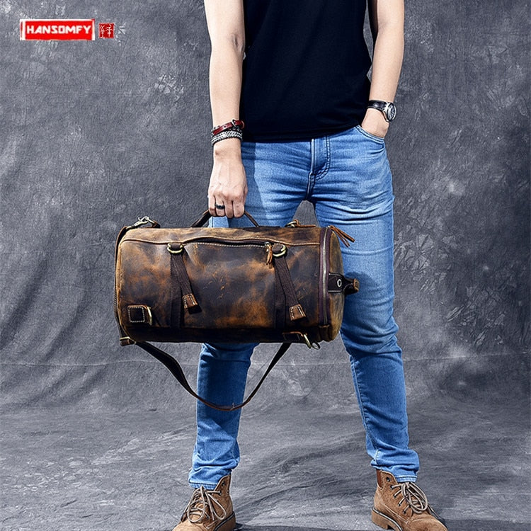 Genuine Leather Backpack Men Handbag Shoulder Crossbody Bag Male Small Travel Back Pack Bucket Bags Crazy Horse Leather