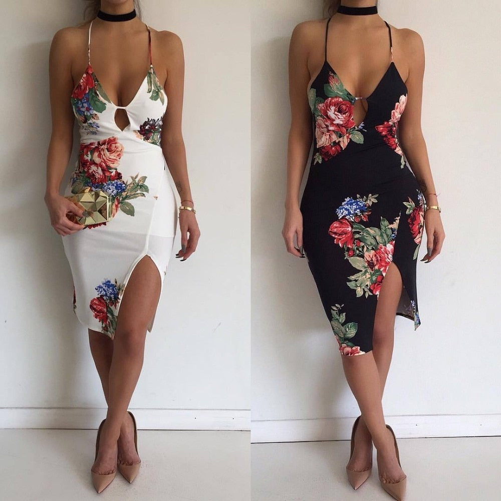 2019 Women Sexy backless Summer Flower bodycon Dress Spaghetti Strap Pencil Dresses