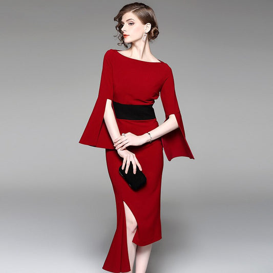 New irregular waist-tightening dress, red medium-length dress and dress for banquet dress in 2019