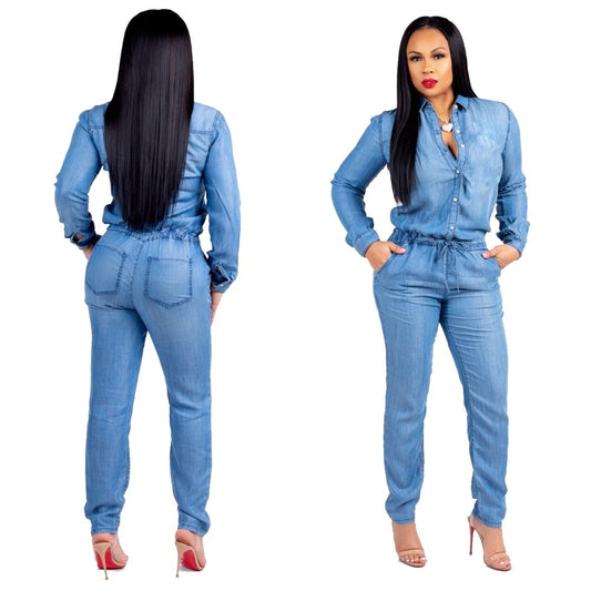 Fashion Autumn Jumpsuits women denim Playsuits plus size Bodysuits Long Sleeve Rompers jeans