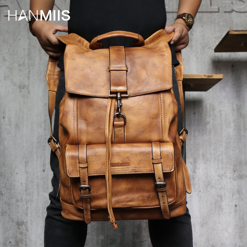 Genuine Leather Men Backpack Travel Shoulder Bag Full Leather Large Capacity Men&#39;s Laptop Backpacks First Layer Cowhide Bags