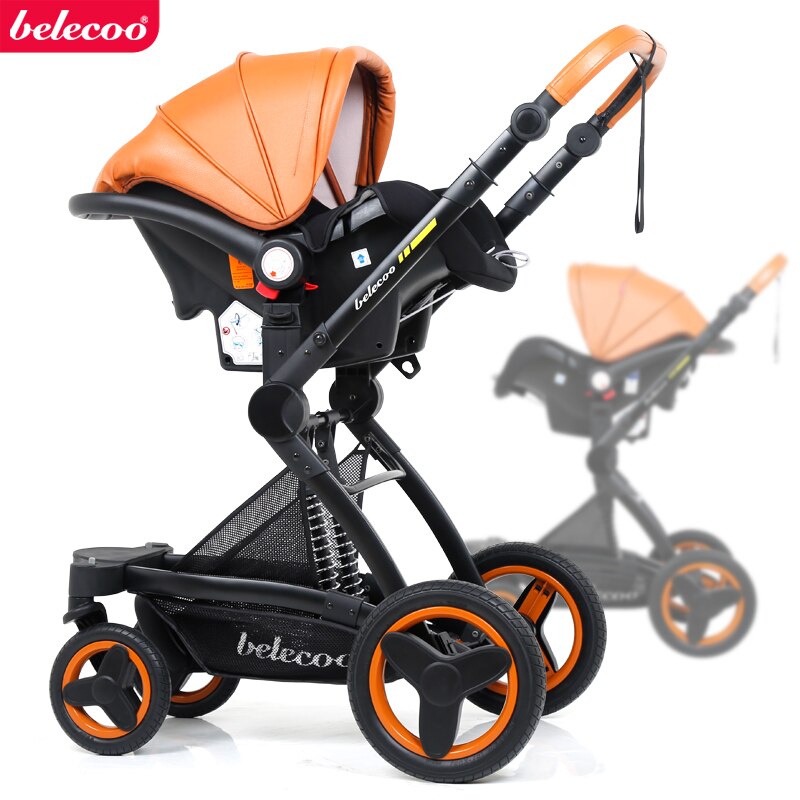 Belecoo baby stroller high landscape baby stroller basket can sit lying folding 3in1 leather baby stroller with car seat  gift