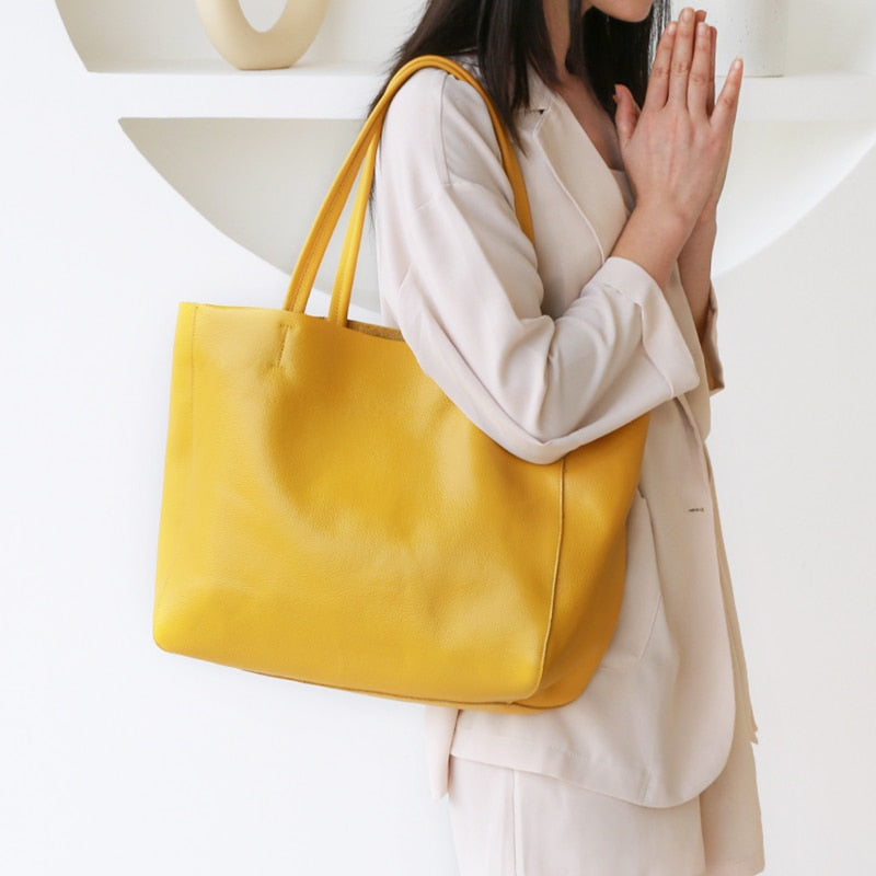 Women Luxury Bag | Casual Tote Female| Lemon Yellow Fashion Shoulder Handbag Lady Cowhide Genuine Leather| Shoulder Shopping Bag www.chishtismart.com