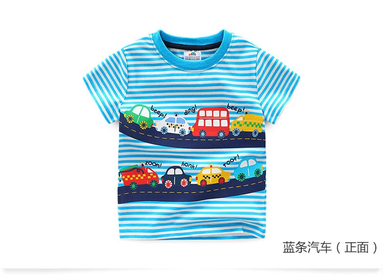 2023 Summer 2-10T Children&#39;S Birthday Clothing Dinosaur Car Striped Print Short Sleeve Basic Tops Cartoon T-Shirt For Kids Boy