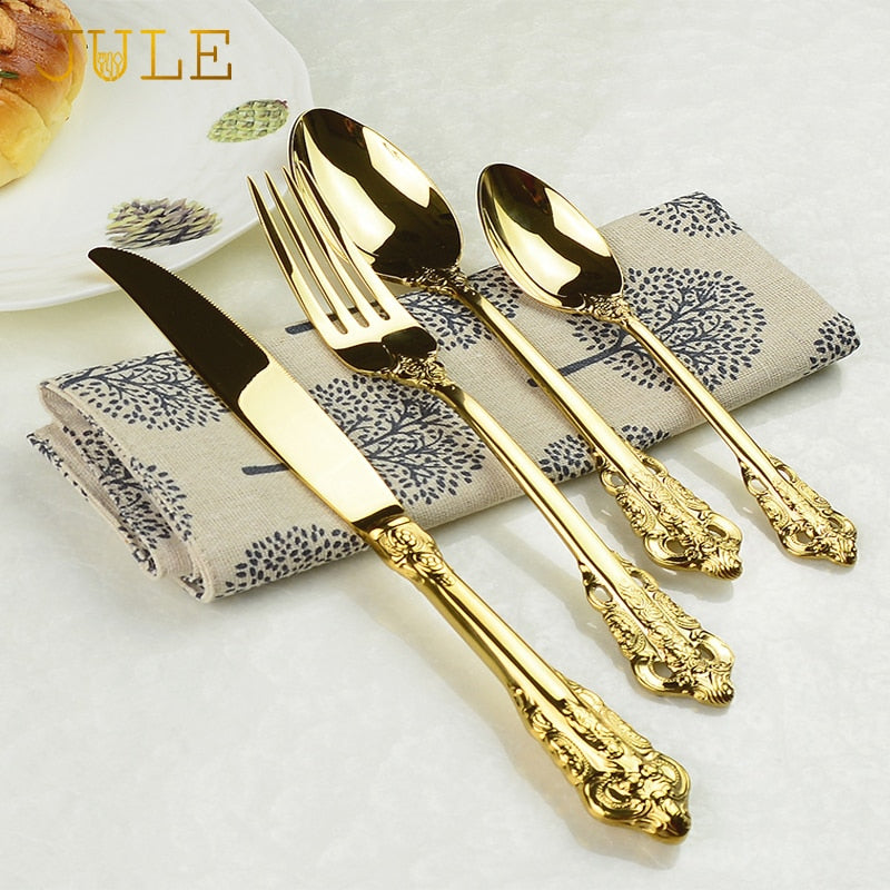 Vintage Western Gold Plated Cutlery Tableware Set 24pcs Dining Knives Forks Teaspoons Golden Luxury Dinnerware Sets Engraving