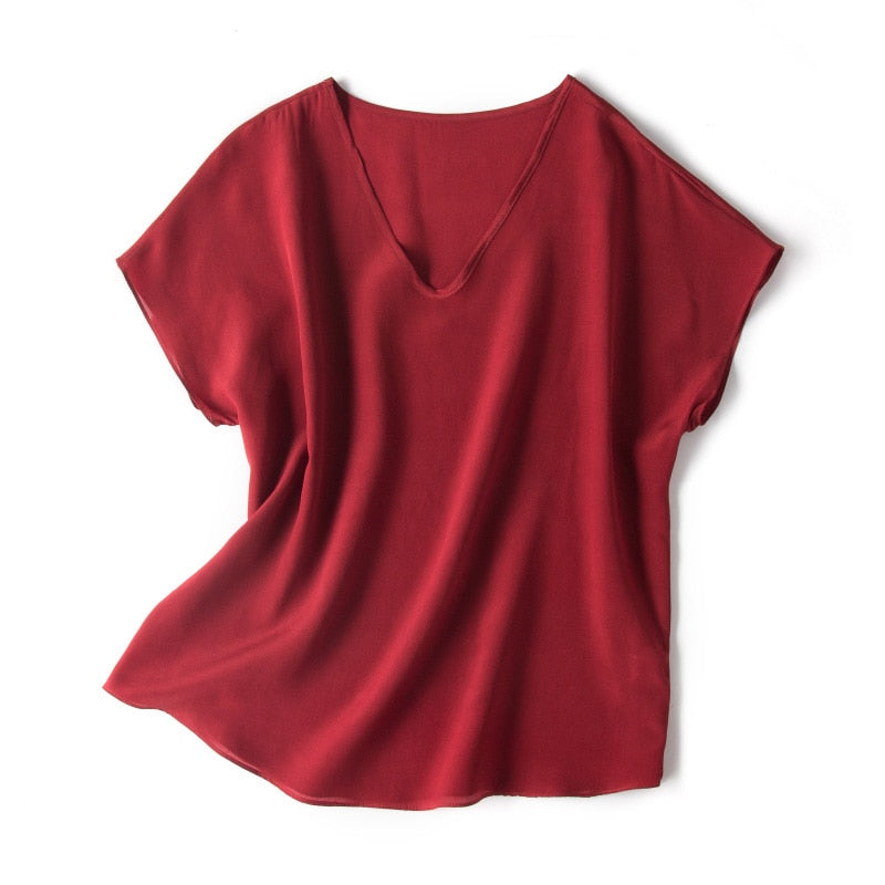 SuyaDream Women T shirt 100%REAL SILK Solid V Neck T Shirt Short Bat Sleeved Casual Shirts 2022 Summer Fall Bottomming Top