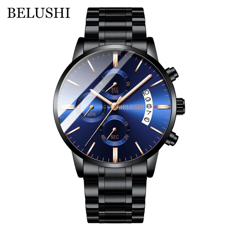 BELUSHI Fashion Men&#39;s Quartz Watch Chronograph Sport Men Watches Top Brand Luxury Full Steel Waterproof Clock Male Wristwatch