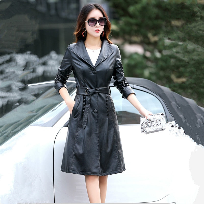 2022 Autumn Winter Women Faux Leather Jacket New Female Fashion Solid Turn Collar Single Breasted Button Belt Decoration Coat