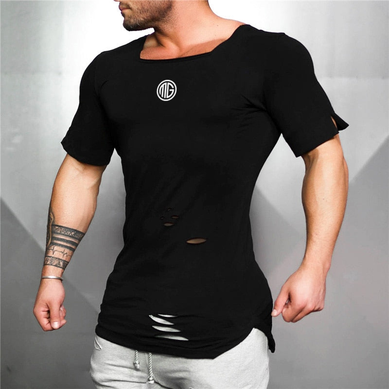 New 2020 Cotton Men&#39;s T shirt Vintage Ripped Hole T-shirt Men Fashion Casual Top Tee Men Hip Hop Activewears Fitness Tshirt Male