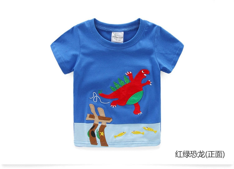 2023 Summer 2-10T Children&#39;S Birthday Clothing Dinosaur Car Striped Print Short Sleeve Basic Tops Cartoon T-Shirt For Kids Boy