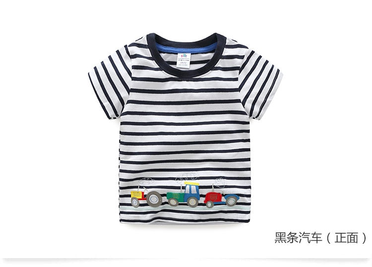 2023 Summer 2-10T Children&#39;S Birthday Clothing Dinosaur Car Striped Print Short Sleeve Basic Tops Cartoon T-Shirt For Kids Boy