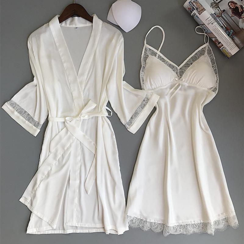 Sexy Women Rayon Kimono Bathrobe WHITE Bride Bridesmaid Wedding Robe Set Lace Trim Sleepwear Casual Home Clothes Nightwear