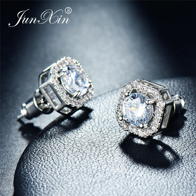 Luxury Female White Zircon Stone Earrings Silver Color Crystal Round Stud Earrings For Women Vintage Wedding Jewelry