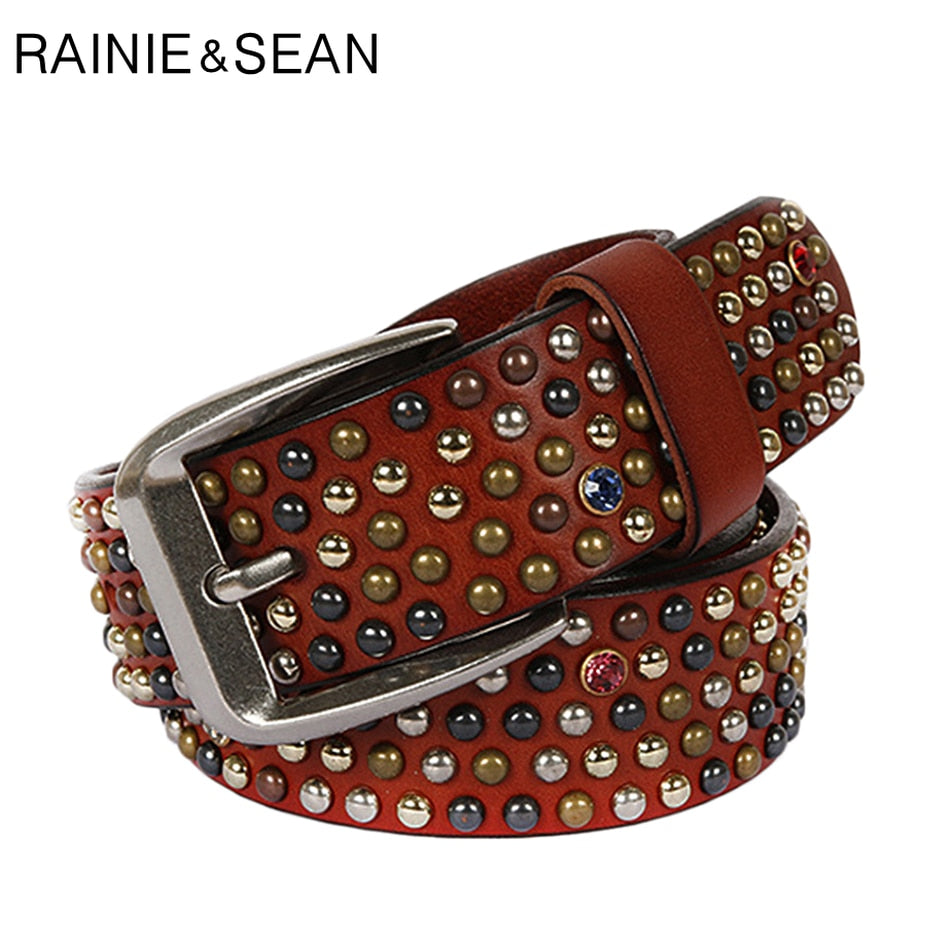 RAINIE SEAN Real Leather Belt Men Rivet Pin Buckle Belts Brown Italian Genuine Leather Cowhide Diamond High Quality Male Belt