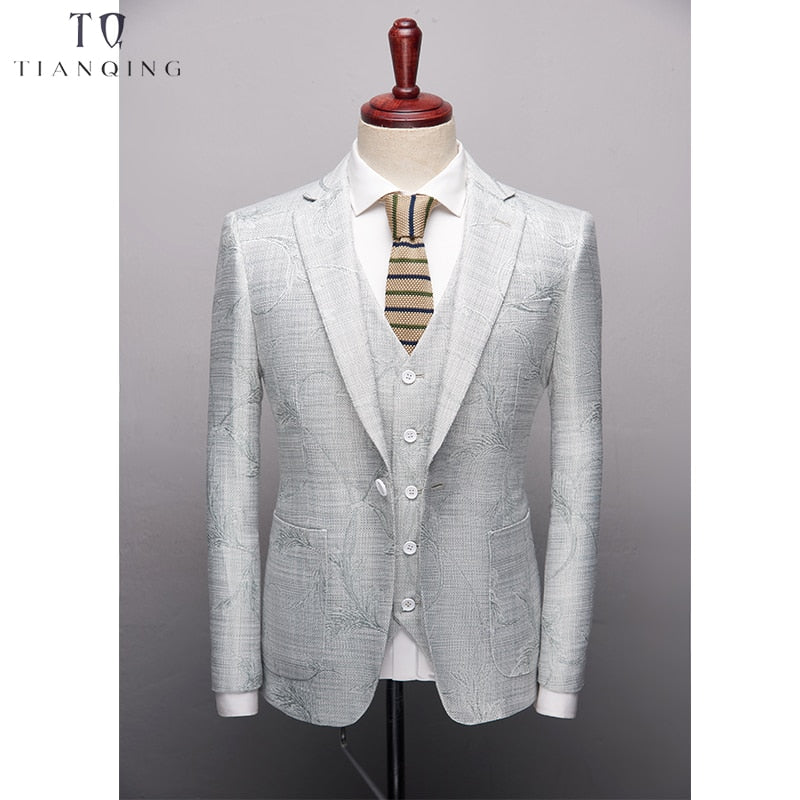 TianQiong New arrival Men Suit Business Formal Party Suit Jacquard Groom Suit Blue Grey Wedding Suit For Men 3Pcs Set