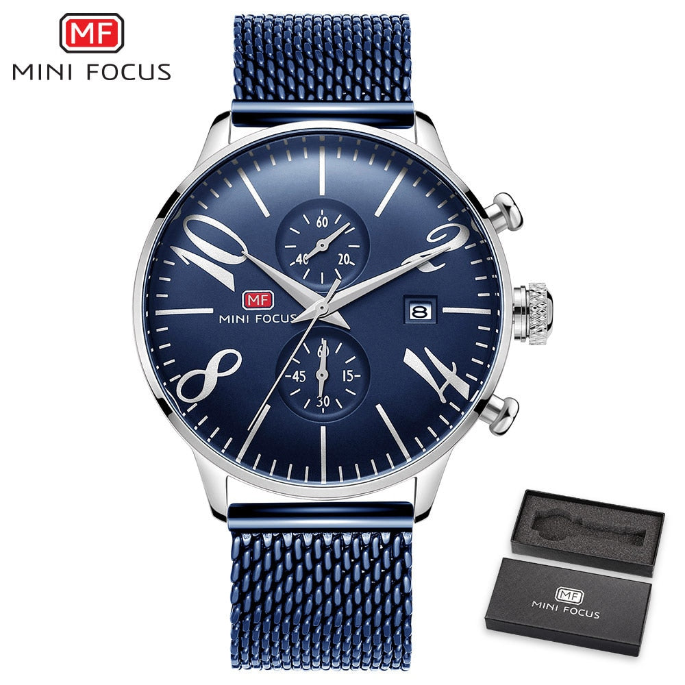 MINI FOCUS Man Quartz Stainless Steel Mesh Belt Chronograph Watch Men Relogio Masculino Fashion Brand Clock For Male Reloj Hombr