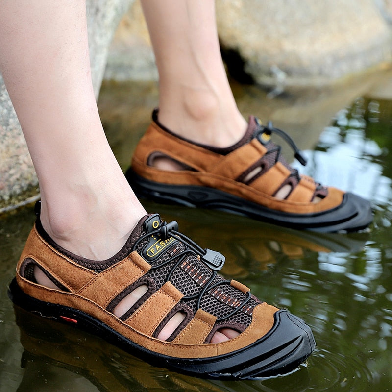 ZUNYU New Men Leather&amp;Mesh Outdoor Sandals 2019 Summer Men Breathable Casual Shoes Footwear Walking Beach Sandals Water Sneakers