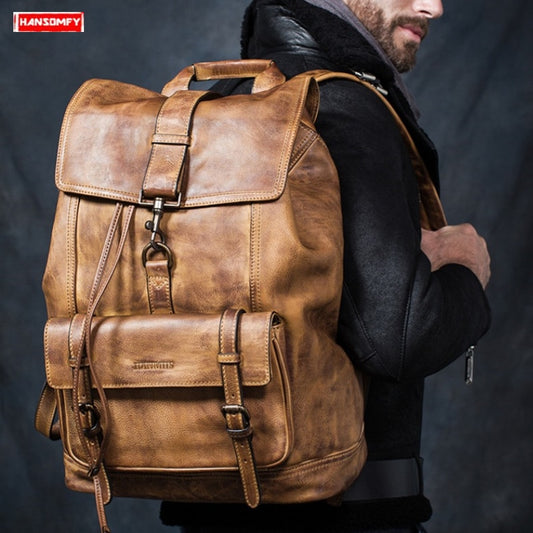 Genuine Leather Men Backpack Travel Shoulder Bag Full Leather Large Capacity Men&#39;s Laptop Backpacks First Layer Cowhide Bags