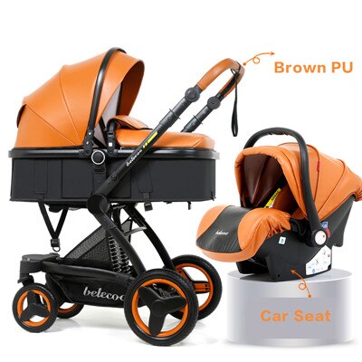 Belecoo baby stroller high landscape baby stroller basket can sit lying folding 3in1 leather baby stroller with car seat  gift