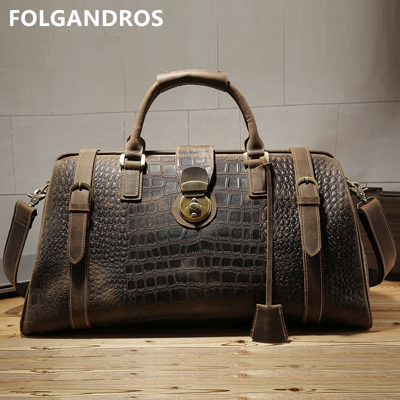 Men&#39;s Travel Duffle Bag Genuine Leather Crocodile Pattern Large Capacity Lock Male Travel Business Bag Crazy Horse Leather Totes