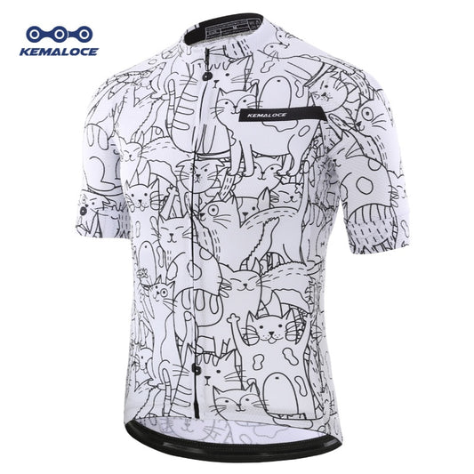 KEMALOCE Breathable Unisex White Cartoon Cat Cycling Jersey Spring Anti-Pilling Eco-Friendly Bike Clothing Top Road Team Bicycle