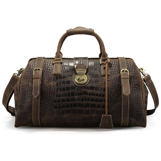 Men&#39;s Travel Duffle Bag Genuine Leather Crocodile Pattern Large Capacity Lock Male Travel Business Bag Crazy Horse Leather Totes