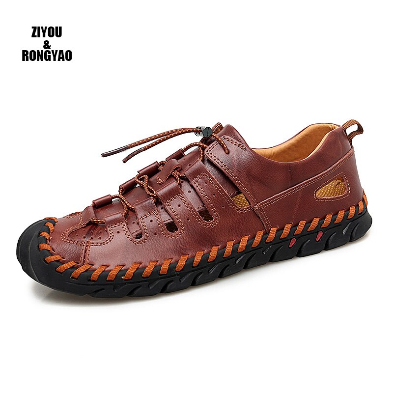 Men Genuine Cow Leather Sandals 2019 Summer Handmade Men Shoes Man Breathable Casual Shoes Flat Walking Sandals Male Footwear