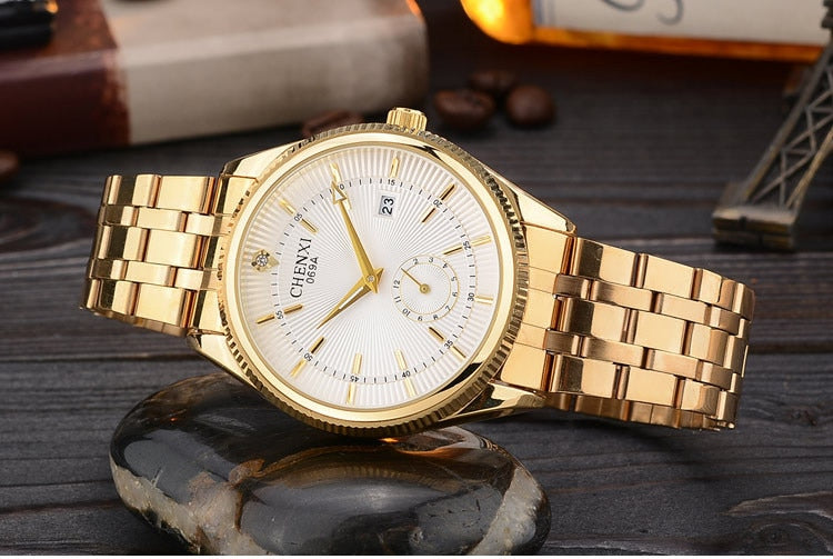 CHENXI Gold Watch Men Watches Top Brand Luxury Famous Wristwatch Male Clock Golden Quartz Wrist Watch Calendar Relogio Masculino