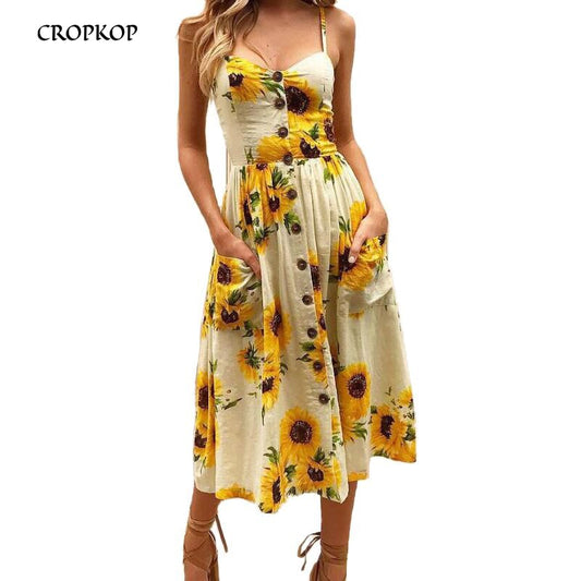 Summer Dresses Womens Sexy Floral Strapless Halter Button Yellow Sunflower Dress 2022 Plus Size Vintage Sundress Vestido XXXL