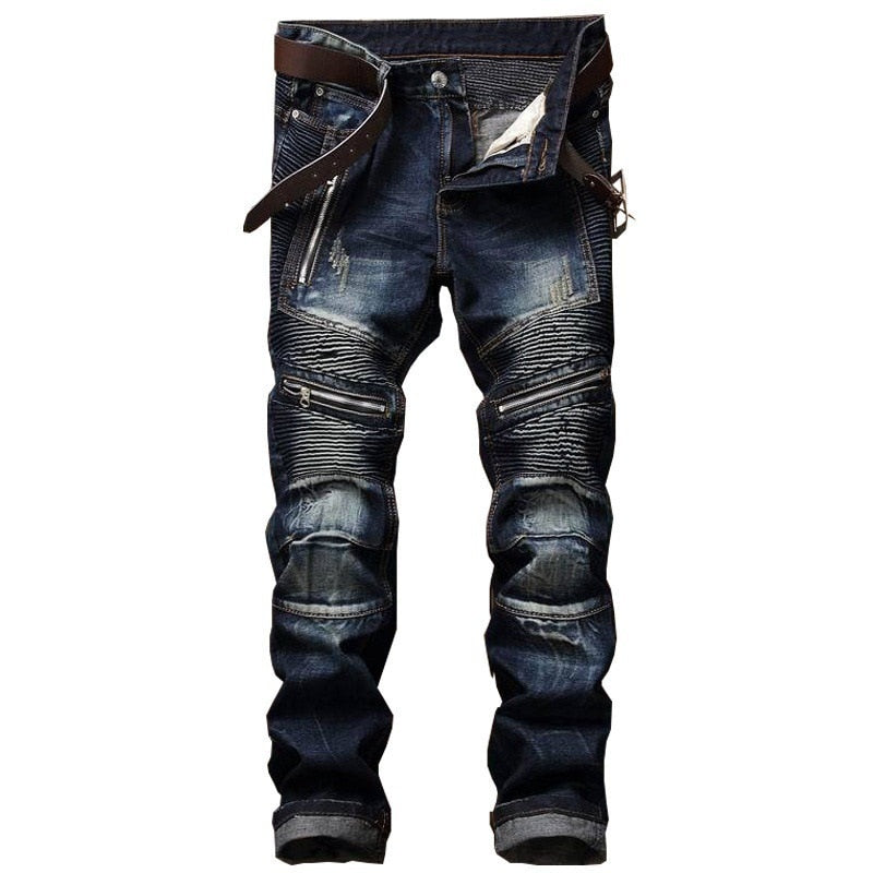 Fashion Motorcycle Jeans Men Distressed Ripped Skinny Mens Jeans Slim Fit Moto Biker Jeans Elastic Denim Trousers Men Pants