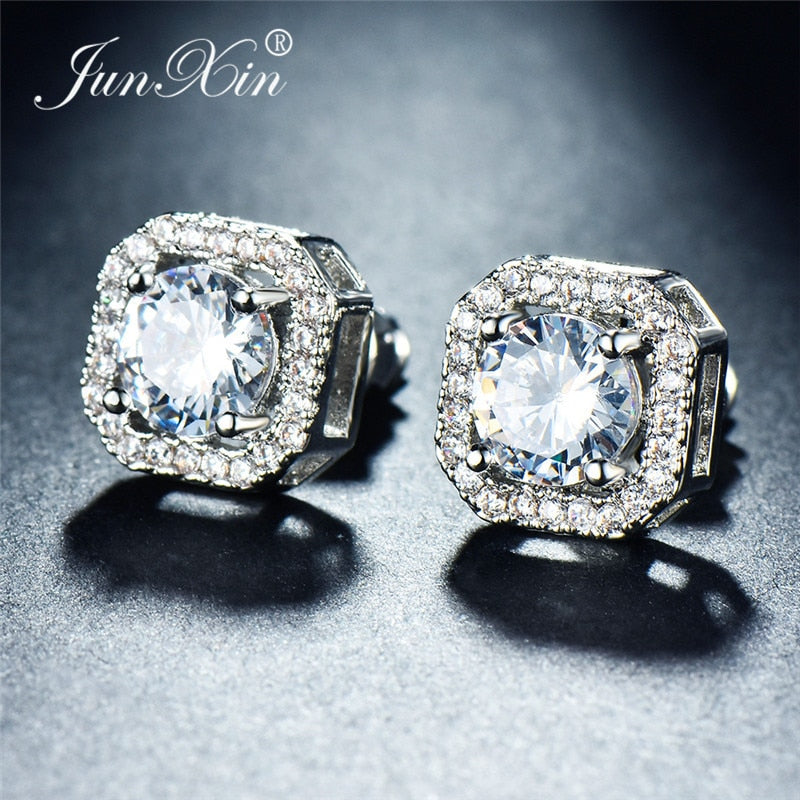 Luxury Female White Zircon Stone Earrings Silver Color Crystal Round Stud Earrings For Women Vintage Wedding Jewelry