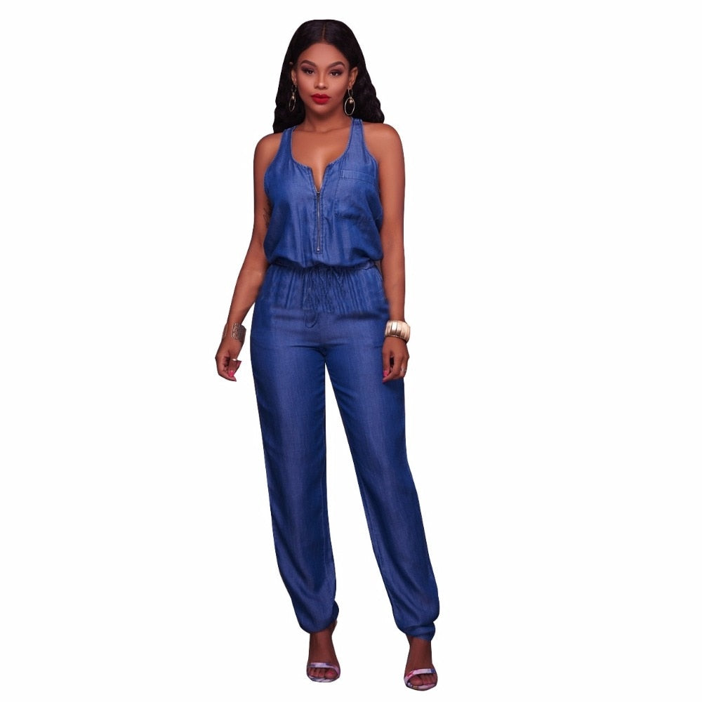 Sleeveless denim jumpsuit Loose playsuit jeans bodysuit Women