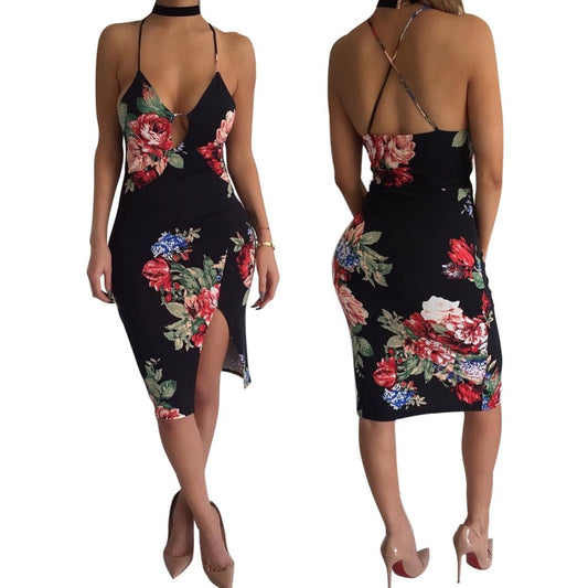 2019 Women Sexy backless Summer Flower bodycon Dress Spaghetti Strap Pencil Dresses