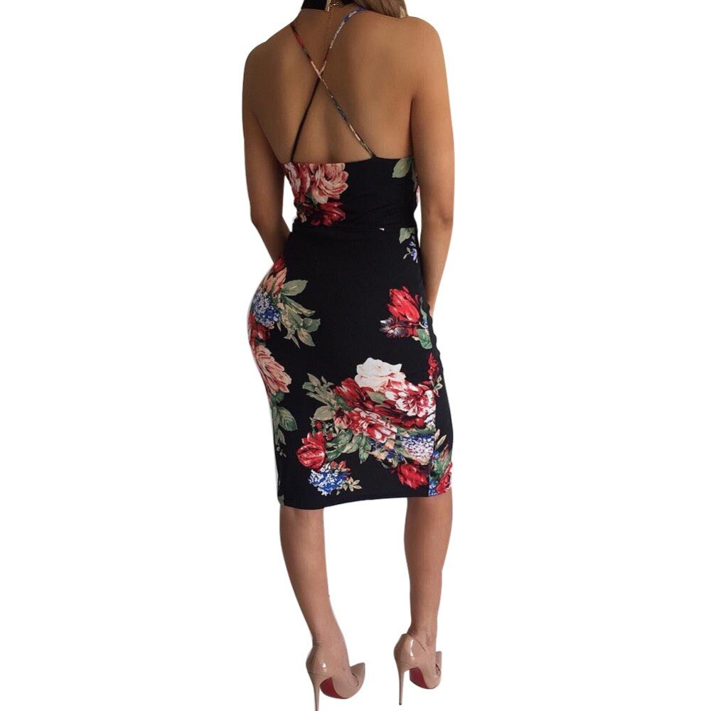 2019 Women Sexy backless Summer Flower bodycon Dress Spaghetti Strap Pencil Dresses