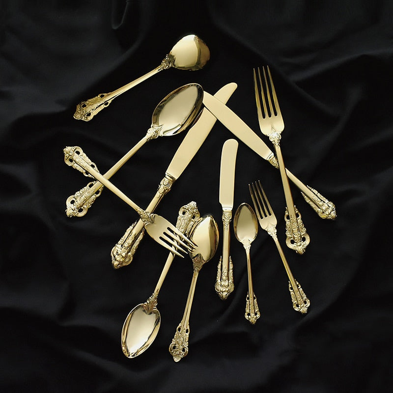 Golden Luxury Dinner Set Vintage Western Gold Plated Cutlery Stainless Steel Knife Fork Set Vintage Kitchen Untensile