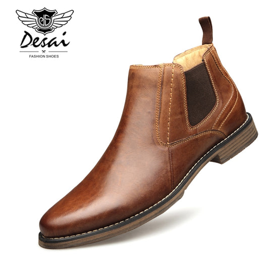 DESAI Genuine Leather Men&#39;s Boots Vintage Style High-Cut Lace-Up Shoes Men Fashion Casual Brogue High Boots EUR Size 8-12