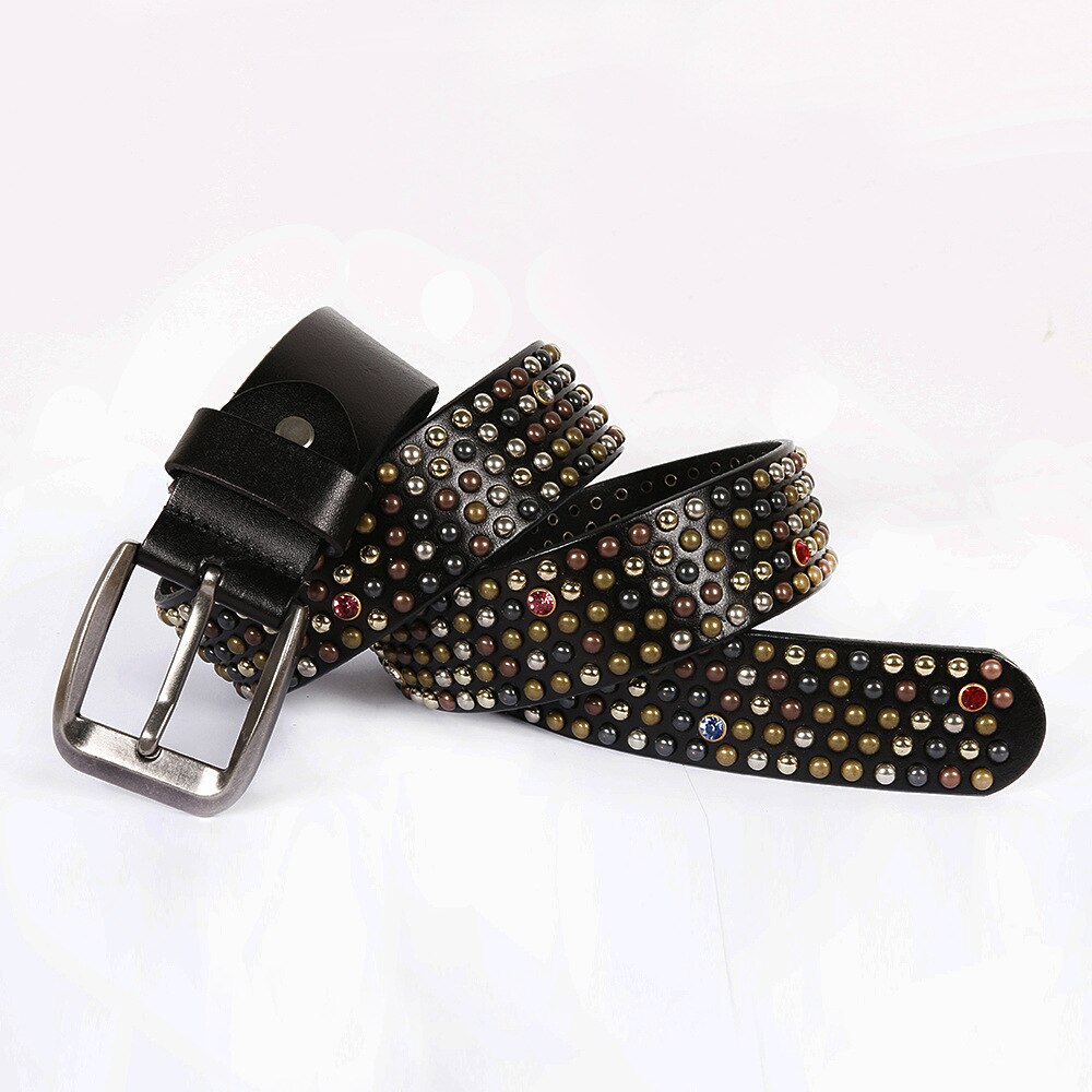 RAINIE SEAN Real Leather Belt Men Rivet Pin Buckle Belts Brown Italian Genuine Leather Cowhide Diamond High Quality Male Belt