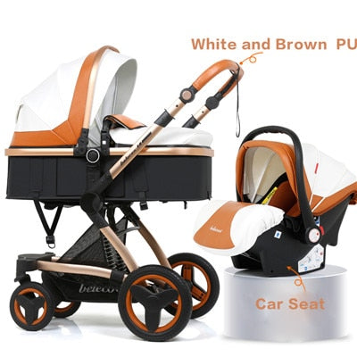 Belecoo baby stroller high landscape baby stroller basket can sit lying folding 3in1 leather baby stroller with car seat  gift