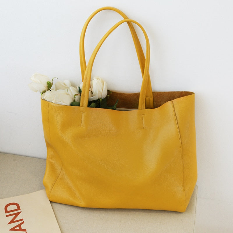 Women Luxury Bag Casual Tote Female Lemon Yellow Fashion Shoulder Handbag Lady Cowhide Genuine Leather Shoulder Shopping Bag