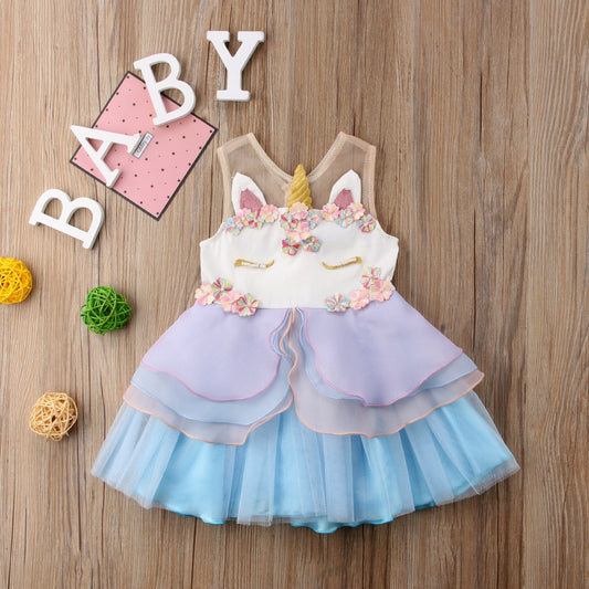 Citgeett Summer Cute Newborn Kids Baby Girl Sleeveless Unicorn Embroidery Party Pageant Dress 3D Sundress Ruffle Fashion Clothes