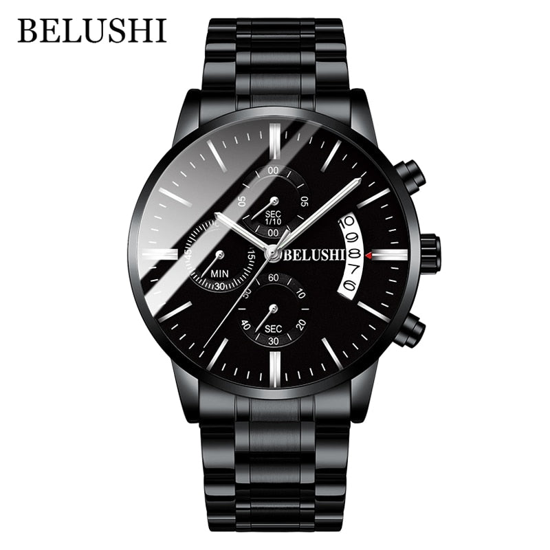 BELUSHI Fashion Men&#39;s Quartz Watch Chronograph Sport Men Watches Top Brand Luxury Full Steel Waterproof Clock Male Wristwatch