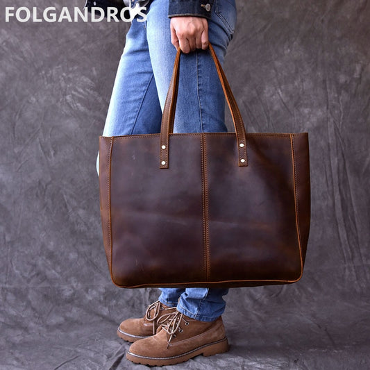 5 days arrival, Brand Full Grain Leather Tote Handbag Large Capacity Leather Vintage Top-Handle Shoulder Bag