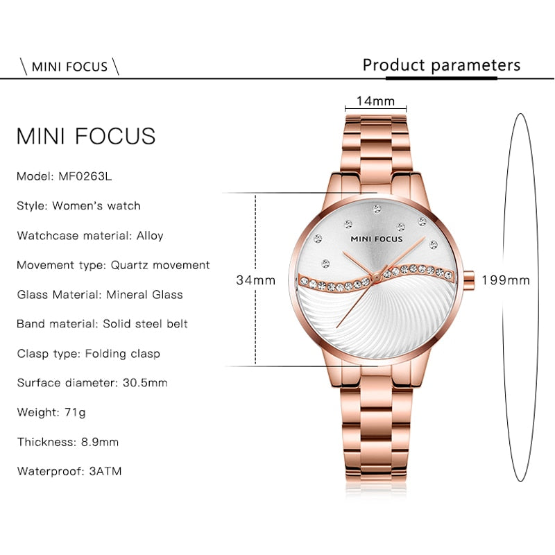 MINI FOCUS Top Brand Luxury Fashion Women Watches Lady Purple Stainless Steel Strap Waterproof Quartz-Watches Feminine +Gift Box