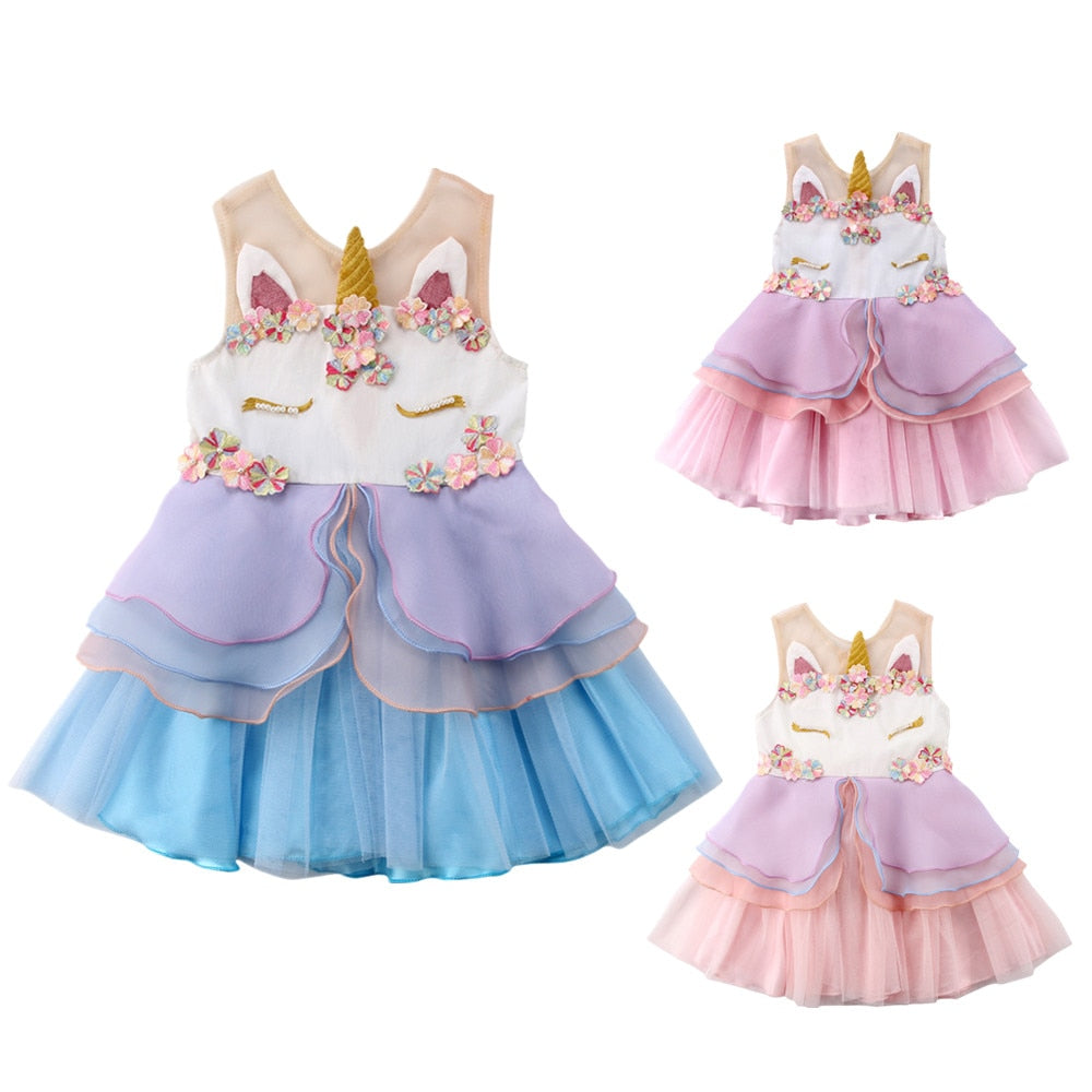 Citgeett Summer Cute Newborn Kids Baby Girl Sleeveless Unicorn Embroidery Party Pageant Dress 3D Sundress Ruffle Fashion Clothes